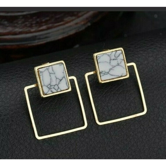 Gold Earrings Geometric Marble Pattern - Picture 2 of 6